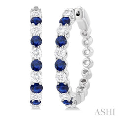 2.7 MM Round Cut Sapphire and 7/8 Ctw Round Cut Diamond Precious Hoop Earring in 14K White Gold