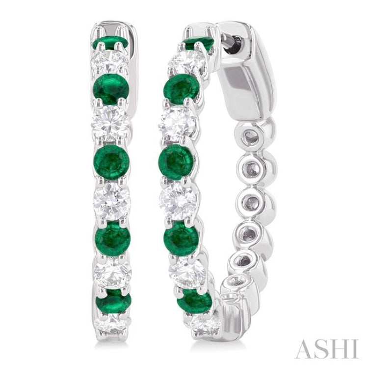 2.4 MM Round Shape Emerald and 5/8 Ctw Round Cut Diamond Precious Hoop Earrings in 14K White Gold