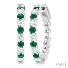 2.4 MM Round Shape Emerald and 5/8 Ctw Round Cut Diamond Precious Hoop Earrings in 14K White Gold