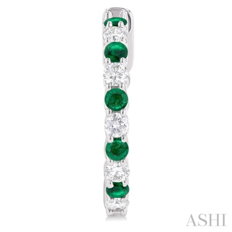 2.4 MM Round Shape Emerald and 5/8 Ctw Round Cut Diamond Precious Hoop Earring in 14K White Gold