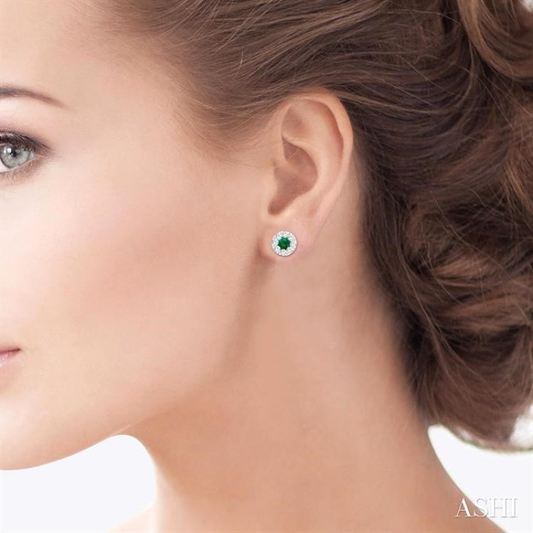 3.3 MM Emerald and 1/2 Ctw Round Cut Diamond Lovebright Precious Stud Earrings in 14K Yellow & White Gold