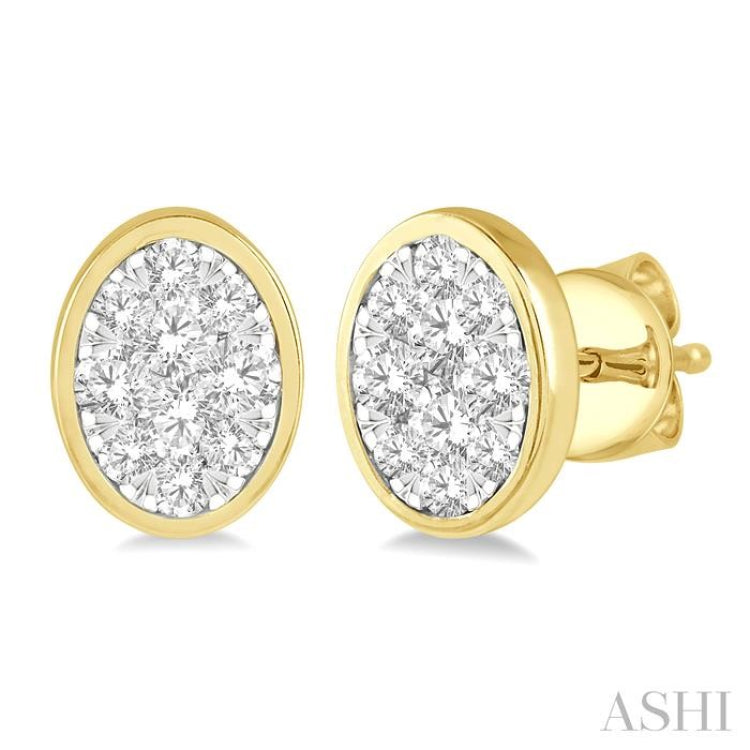 1/2 Ctw Oval Shape Lovebright Round Cut Diamond Bezel Stud Earring in 14K Yellow and White Gold