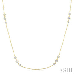 1 Ctw Three Stone Bezel Set Round Cut Diamond Station Necklace in 14K Yellow Gold