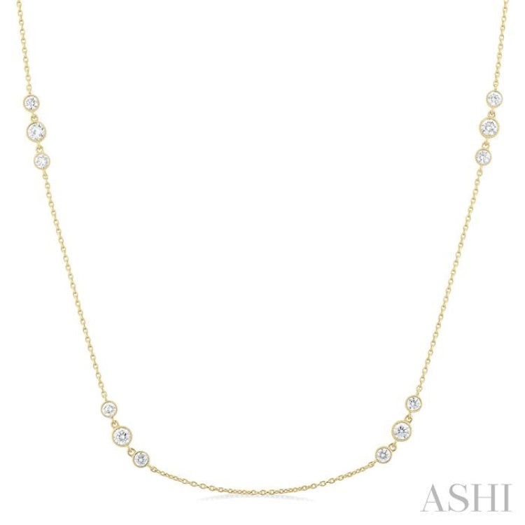 3/4 Ctw Three Stone Bezel Set Round Cut Diamond Station Necklace in 14K Yellow Gold