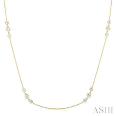 3/4 Ctw Three Stone Bezel Set Round Cut Diamond Station Necklace in 14K Yellow Gold