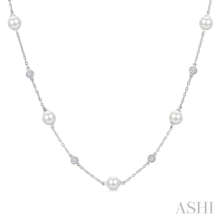 5 MM Round Shape Cultured Pearl and 1/4 Ctw Round Cut Diamond Station Necklace in 14K White Gold