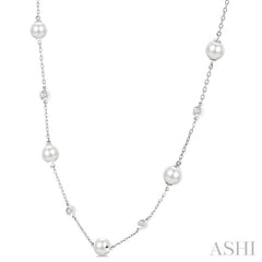 5 MM Round Shape Cultured Pearl and 1/4 Ctw Round Cut Diamond Station Necklace in 14K White Gold