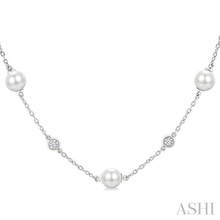 5 MM Round Shape Cultured Pearl and 1/4 Ctw Round Cut Diamond Station Necklace in 14K White Gold