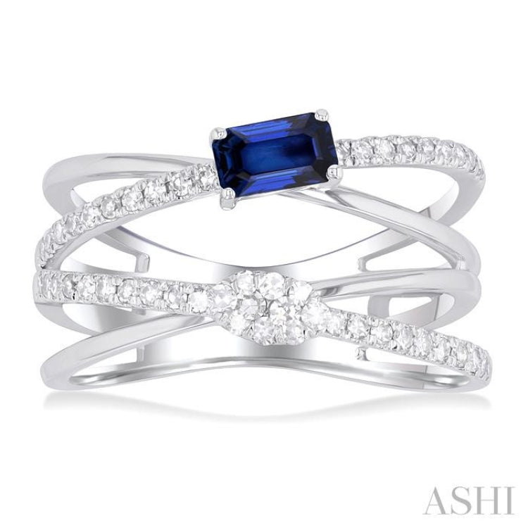 5x3 MM Emerald Shape Sapphire and 1/4 Ctw Single Cut Diamond Double Criss-Cross Lovebright Precious Ring in 10K White Gold