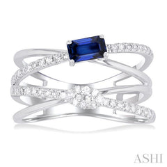 5x3 MM Emerald Shape Sapphire and 1/4 Ctw Single Cut Diamond Double Criss-Cross Lovebright Precious Ring in 10K White Gold