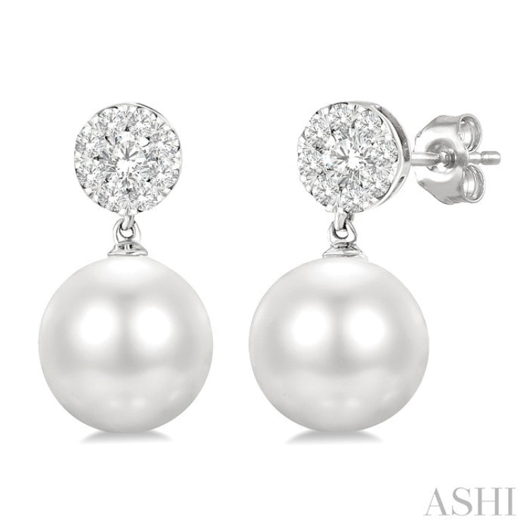 7 MM Cultured White Pearl and 1/4 Ctw Disc Top Lovebright Round Cut Diamond Fashion Earrings in 14K White Gold