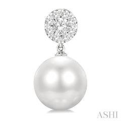 7 MM Cultured White Pearl and 1/4 Ctw Disc Top Lovebright Round Cut Diamond Fashion Earrings in 14K White Gold