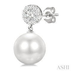 7 MM Cultured White Pearl and 1/4 Ctw Disc Top Lovebright Round Cut Diamond Fashion Earrings in 14K White Gold