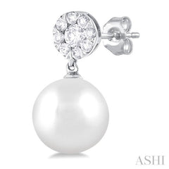 7 MM Cultured White Pearl and 1/4 Ctw Disc Top Lovebright Round Cut Diamond Fashion Earrings in 14K White Gold