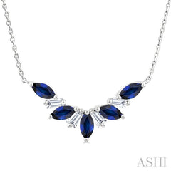 5x2.5 MM Marquise Cut Sapphire and 1/6 Ctw Baguette Cut Diamond Precious Gemstone Necklace in 14K White Gold