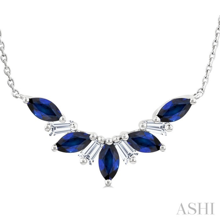 5x2.5 MM Marquise Cut Sapphire and 1/6 Ctw Baguette Cut Diamond Precious Gemstone Necklace in 14K White Gold