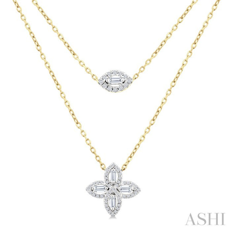 1/2 Ctw Floral Baguette and Round Cut Diamond Layered Fashion Necklace in 14K Yellow Gold
