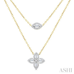 1/2 Ctw Floral Baguette and Round Cut Diamond Layered Fashion Necklace in 14K Yellow Gold