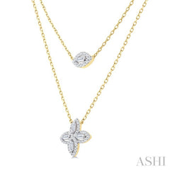 1/2 Ctw Floral Baguette and Round Cut Diamond Layered Fashion Necklace in 14K Yellow Gold