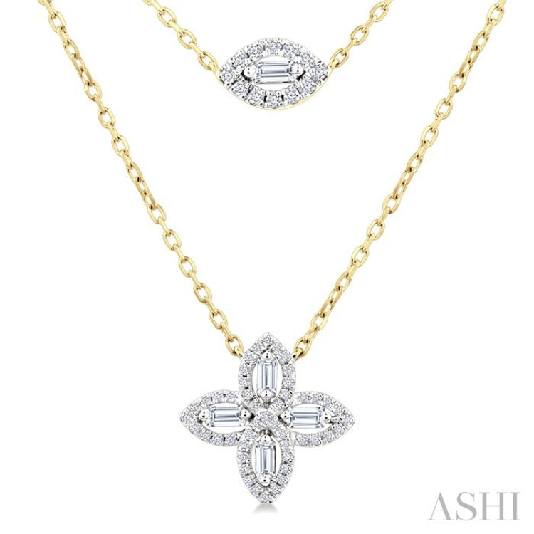 1/2 Ctw Floral Baguette and Round Cut Diamond Layered Fashion Necklace in 14K Yellow Gold
