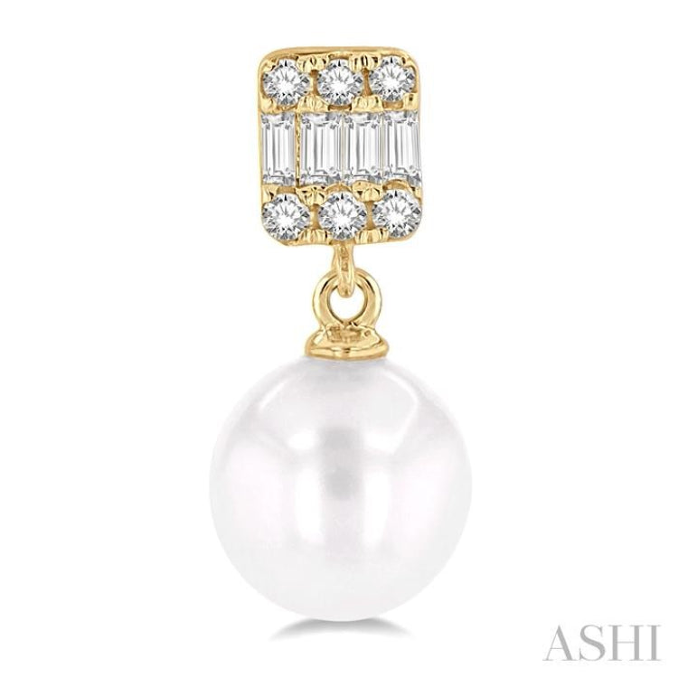 6 MM Cultured Pearls and 1/10 Ctw Baguette and Single Cut Diamond Earrings in 10K Yellow Gold