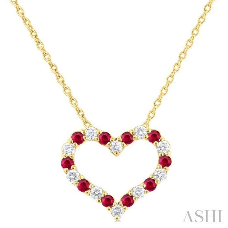 1.4 MM Round Cut Ruby and 1/8 Ctw Open Heart Round Cut Diamond Precious Fashion Pendant With Chain in 14K Yellow Gold