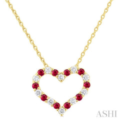 1.4 MM Round Cut Ruby and 1/8 Ctw Open Heart Round Cut Diamond Precious Fashion Pendant With Chain in 14K Yellow Gold