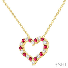 1.4 MM Round Cut Ruby and 1/8 Ctw Open Heart Round Cut Diamond Precious Fashion Pendant With Chain in 14K Yellow Gold
