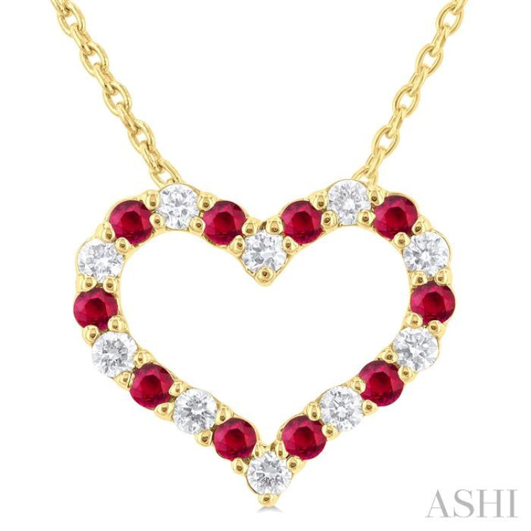 1.4 MM Round Cut Ruby and 1/8 Ctw Open Heart Round Cut Diamond Precious Fashion Pendant With Chain in 14K Yellow Gold