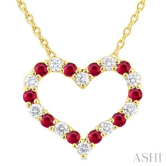 1.4 MM Round Cut Ruby and 1/8 Ctw Open Heart Round Cut Diamond Precious Fashion Pendant With Chain in 14K Yellow Gold