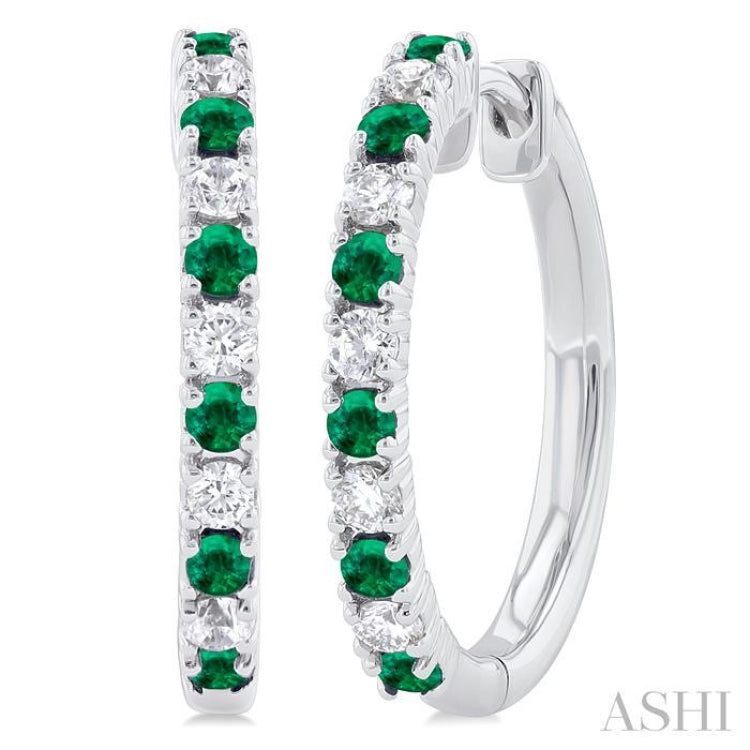 1.80 MM Round Shape Emerald and 1/4 Ctw Round Cut Diamond Precious Hoop Earrings in 10K White Gold