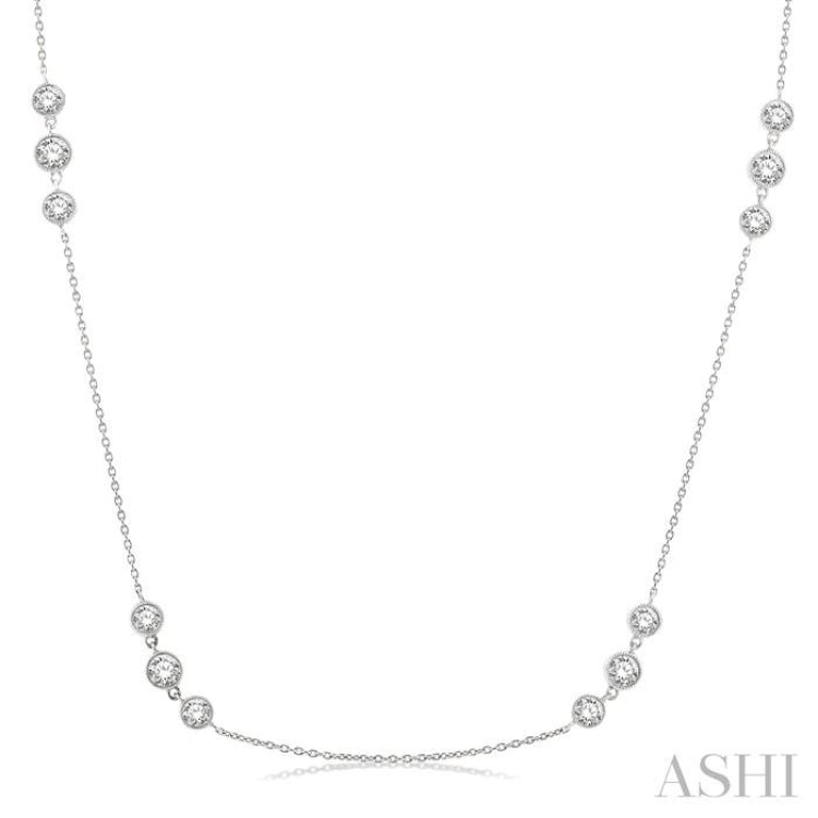 2 Ctw Three Stone Bezel Set Round Cut Diamond Station Necklace in 14K White Gold