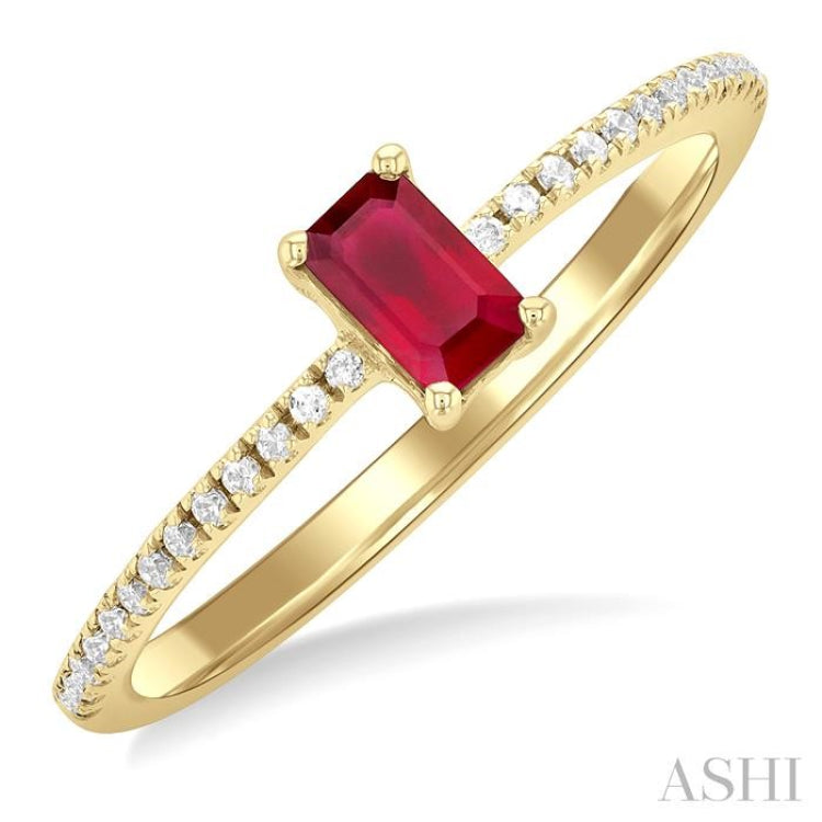 5x3 MM Emerald Shape Ruby and 1/10 Ctw Petite Round Cut Diamond Precious Fashion Ring in 10K Yellow Gold