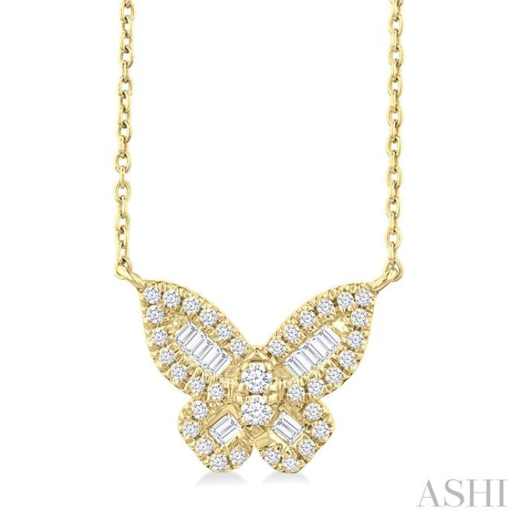 1/3 Ctw Petite Butterfly Baguette and Round Cut Diamond Fashion Pendant With Chain in 10K Yellow Gold