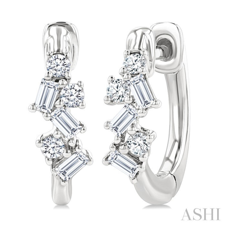 1/4 Ctw Petite Fusion Scatter Baguette and Round Cut Diamond Fashion Huggies in 14K White Gold