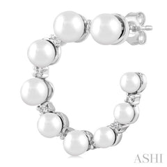 2.8 - 4.5 MM Round Shape Cultured Pearls and 1/5 Ctw Graduated Round Cut Diamond Half Hoop Earring in 14K White Gold