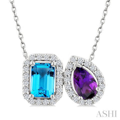 6X4 MM Emerald Cut Blue Topaz and Pear Cut Amethyst and 1/5 Ctw Toi Et Moi Round Cut Diamond Halo Fashion Pendant With Chain in 14K White Gold