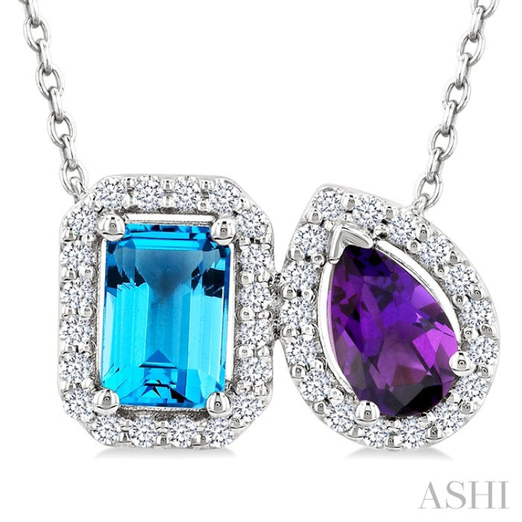 6X4 MM Emerald Cut Blue Topaz and Pear Cut Amethyst and 1/5 Ctw Toi Et Moi Round Cut Diamond Halo Fashion Pendant With Chain in 14K White Gold