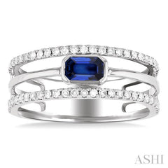 5x3 MM East- West Emerald Shape Sapphire and 1/4 Ctw Single Cut Diamond Triple Split Precious Ring in 10K White Gold