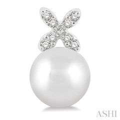 5.5 MM Round Shape Cultured Pearls and 1/20 Ctw Petite 4-Petal Flower Round Cut Diamond Fashion Stud Earrings in 10K White Gold