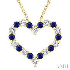 2.3 MM Round Cut Sapphire and 1/2 Ctw Open Heart Round Cut Diamond Precious Fashion Pendant With Chain in 14K Yellow Gold