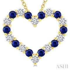 2.3 MM Round Cut Sapphire and 1/2 Ctw Open Heart Round Cut Diamond Precious Fashion Pendant With Chain in 14K Yellow Gold