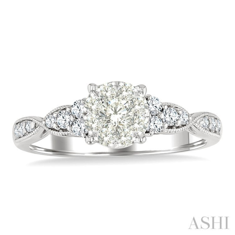 1/2 Ctw Round Shape Lovebright Carved Shank Round Cut Diamond Engagement Ring in 14K White Gold