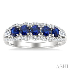 3.1 MM Round Sapphire and 1/4 Ctw Baguette and Round Cut Diamond 5-Stone Precious Ring in 14K White Gold