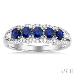 3.1 MM Round Sapphire and 1/4 Ctw Baguette and Round Cut Diamond 5-Stone Precious Ring in 14K White Gold