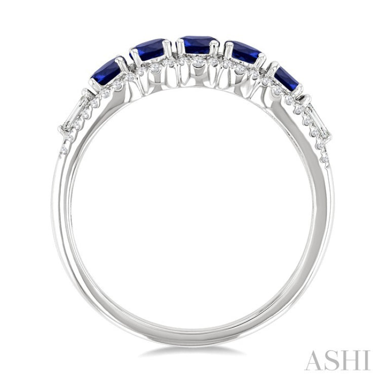 3.1 MM Round Sapphire and 1/4 Ctw Baguette and Round Cut Diamond 5-Stone Precious Ring in 14K White Gold