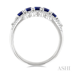 3.1 MM Round Sapphire and 1/4 Ctw Baguette and Round Cut Diamond 5-Stone Precious Ring in 14K White Gold