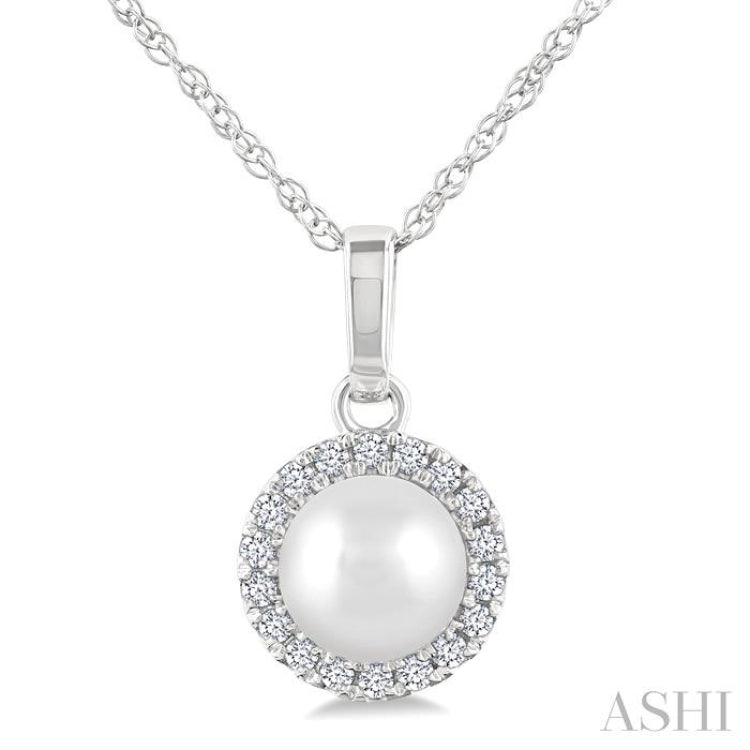 5 MM Cultured White Pearl and 1/20 Ctw Round Cut Diamond Halo Pendant With Chain in 10K White Gold