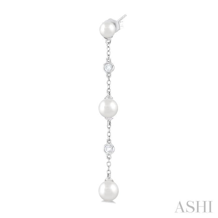 4 MM, 5 MM & 6 MM Round Shape Cultured Pearls and 1/10 Ctw Round Cut Diamond Station Long Earring in 14K White Gold