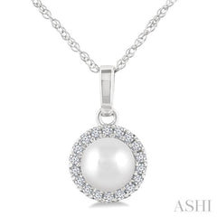 5 MM Cultured White Pearl and 1/20 Ctw Round Cut Diamond Halo Pendant With Chain in 14K White Gold